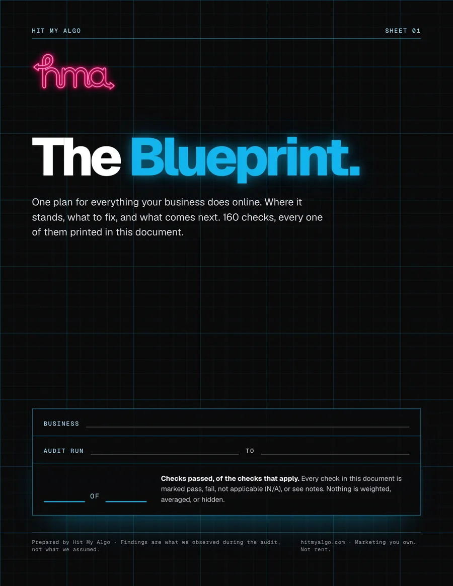 Sheet 01 of the Blueprint, blank: the cover, with spaces for the business, the audit dates and the score.