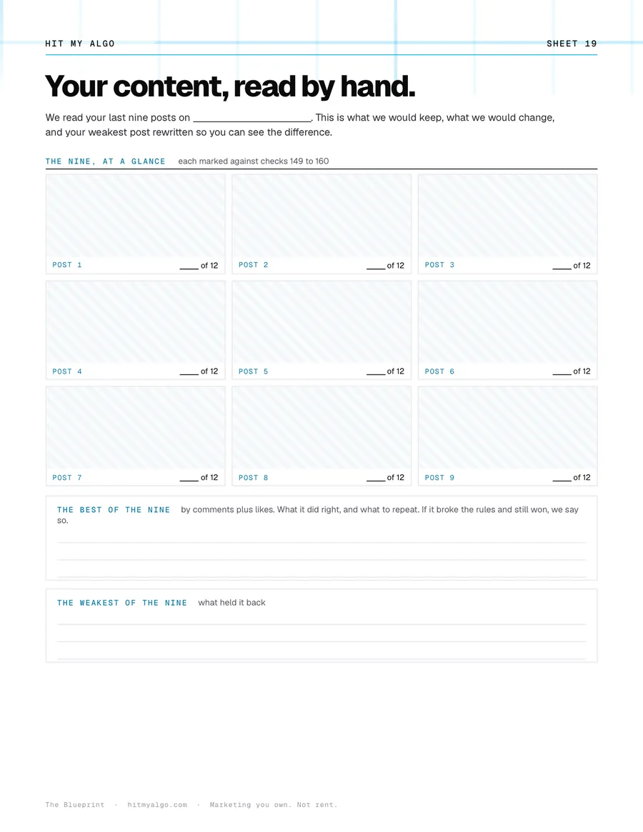 Sheet 19 of the Blueprint, blank: the review of your last nine posts, read by hand.